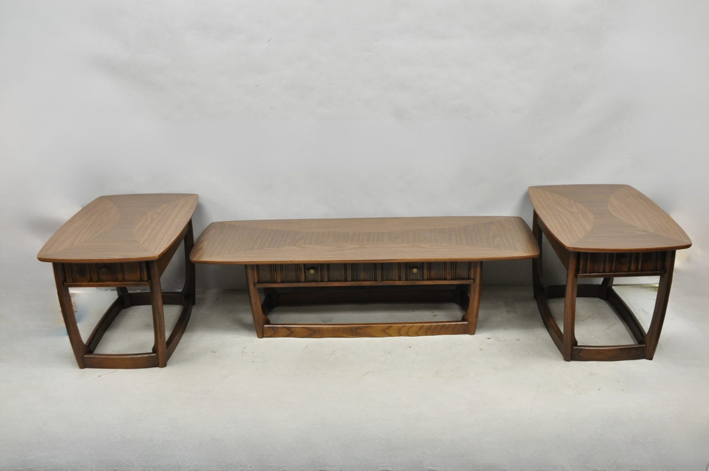 Vintage Mid Century Modern Sculpted Walnut & Laminate Coffee End Table Set 3 Pc