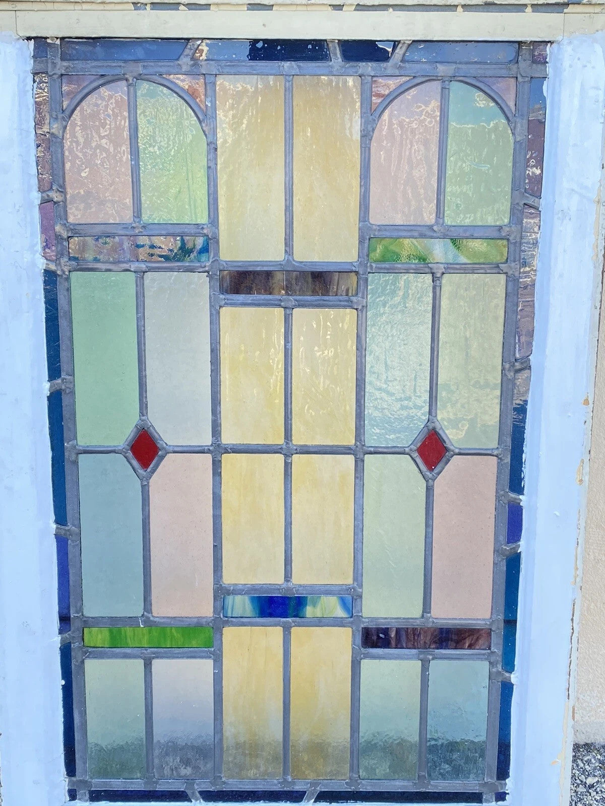 Antique Art Deco Leaded Stained Glass Pink Green Blue Yellow Windows - a Pair