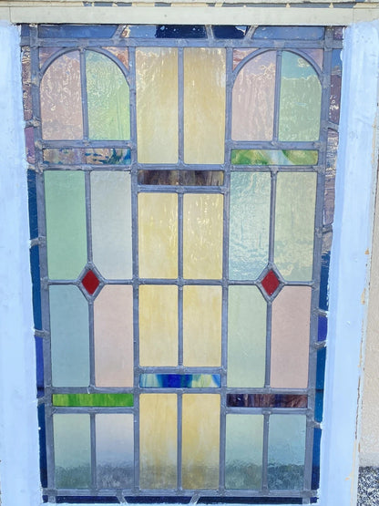 Antique Art Deco Leaded Stained Glass Pink Green Blue Yellow Windows - a Pair