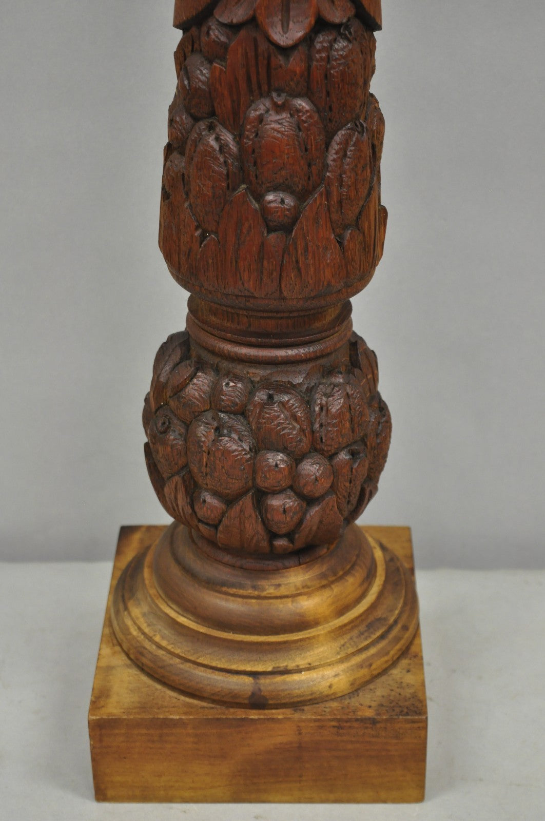 Antique French Country Reclaimed Harvest Carved Oak Wood Baluster Table Lamp
