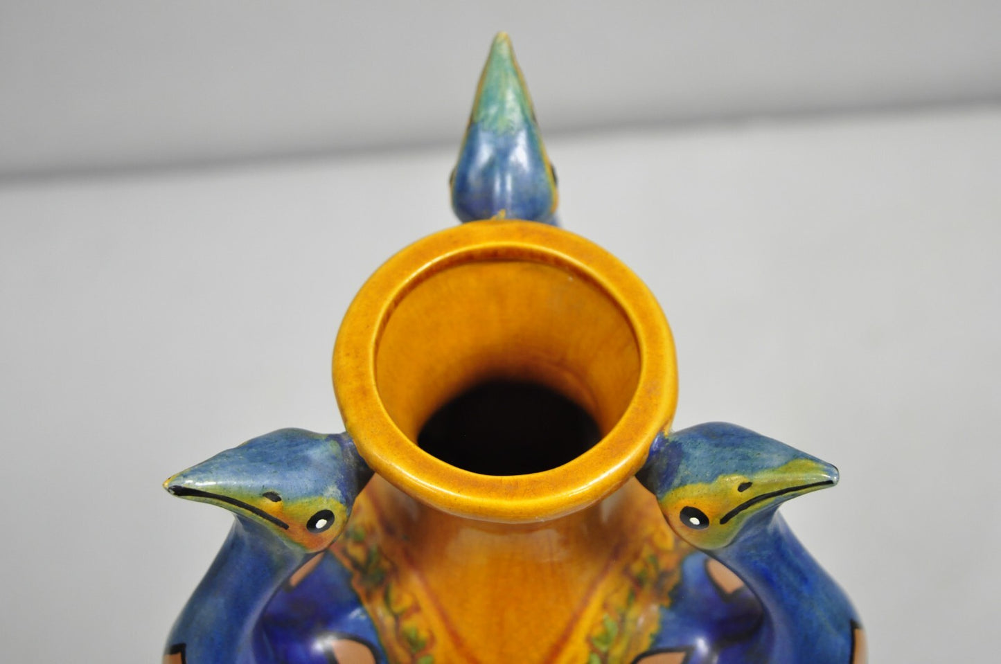 Vintage Art Nouveau Majolica Style Glazed Ceramic Pottery Peacock Bird Vase