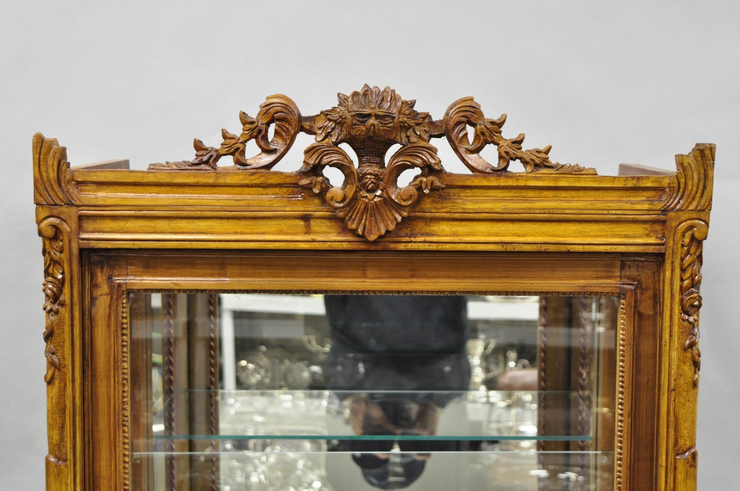 Vintage French Baroque Style Carved Wood & Glass Curio China Display Cabinet