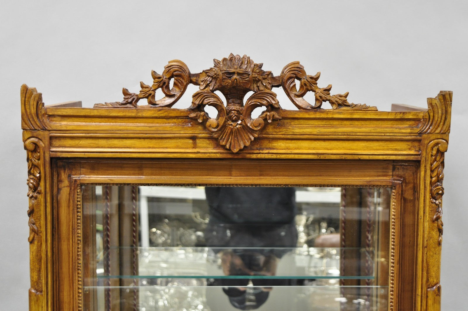 Vintage French Baroque Style Carved Wood & Glass Curio China Display Cabinet