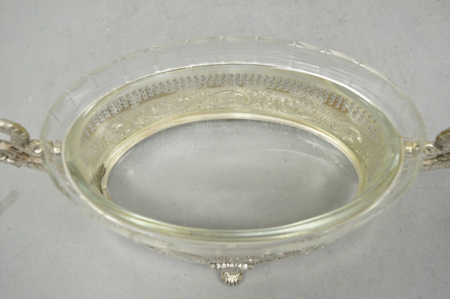Vintage Italian Regency Silver Plated Dolphin Handle Glass Candy Dish Jardiniere