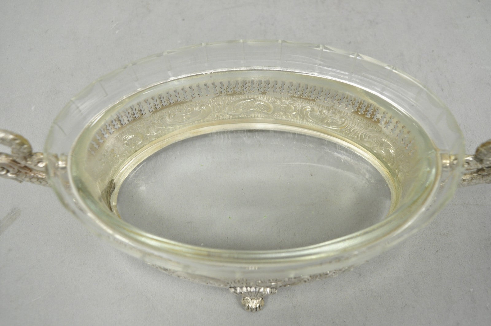 Vintage Italian Regency Silver Plated Dolphin Handle Glass Candy Dish Jardiniere