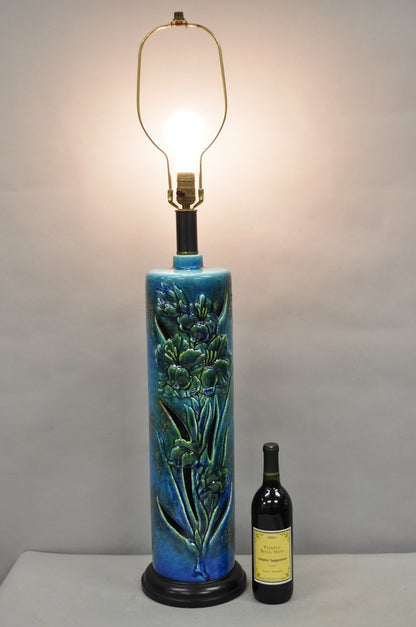 Vintage MCM Tall Royal Haeger Attr Blue Glazed Ceramic Pottery Floral Table Lamp