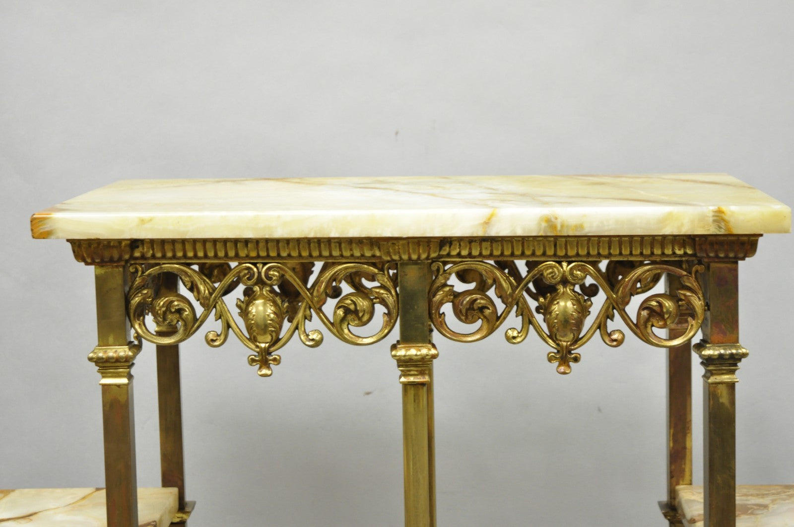 Antique Victorian Brass & Onyx Ornate Tiered Etagere Curio Display Stand Shelf