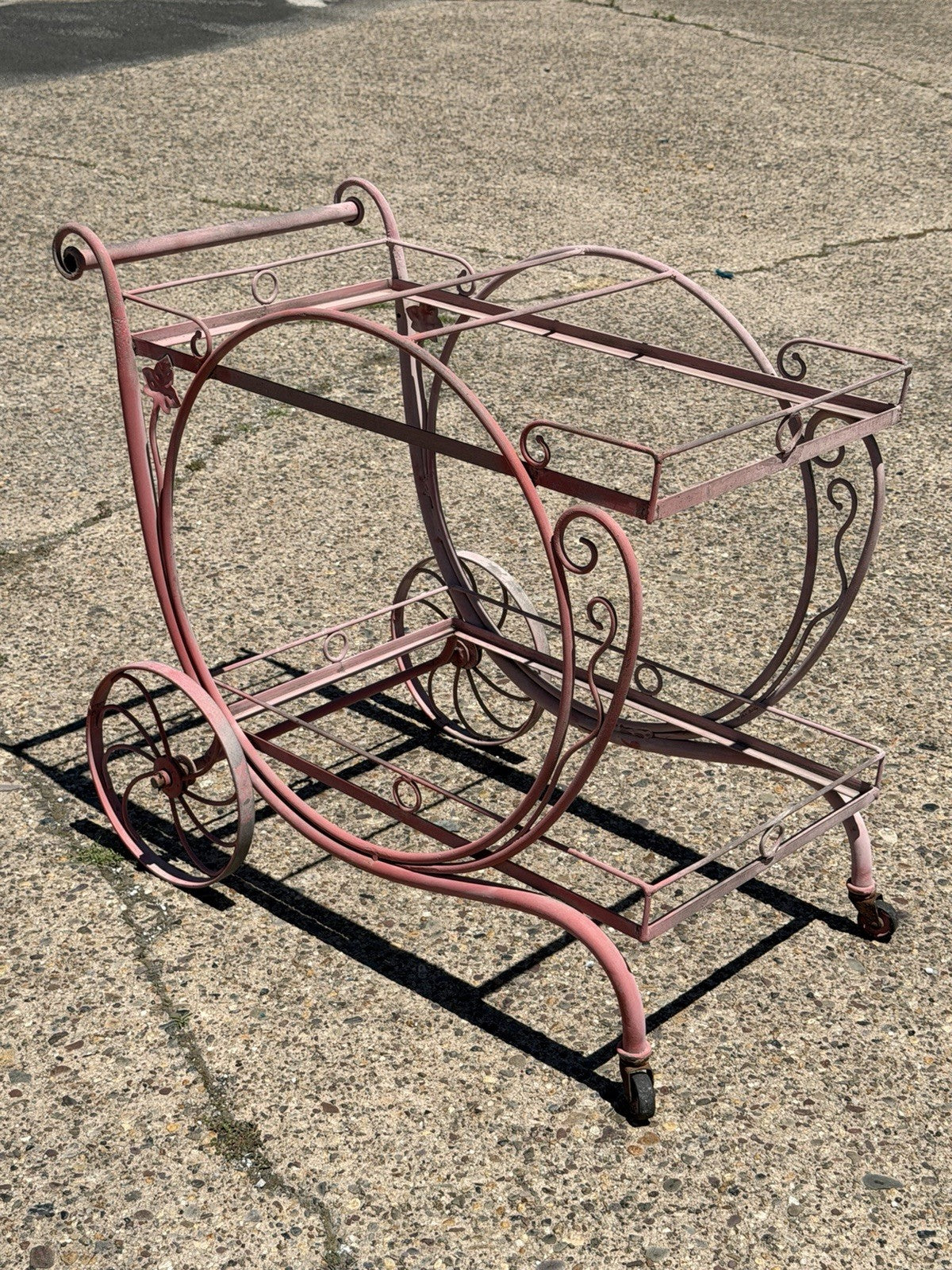 Antique Salterini Mt Vernon Wrought Iron Art Nouveau Pink Serving Bar Tea Cart