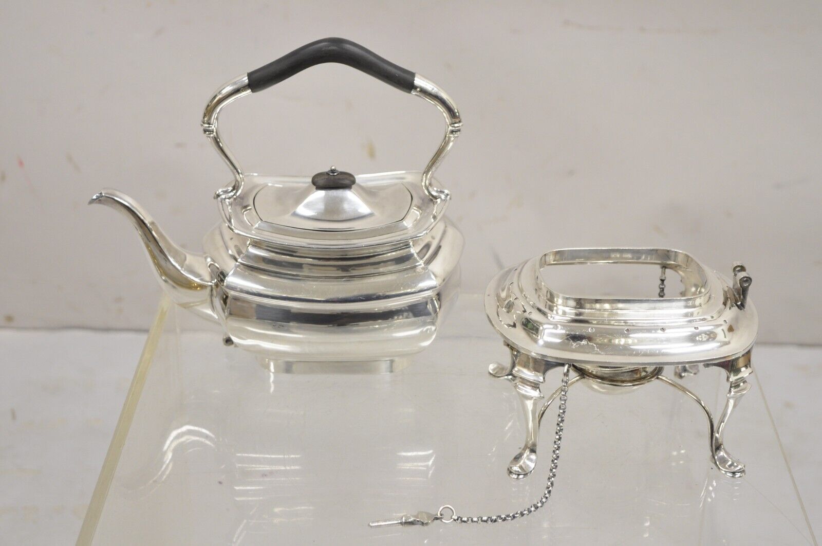 Antique HB&H English Edwardian Silver Plated Tilting Tea Kettle Pot On Base