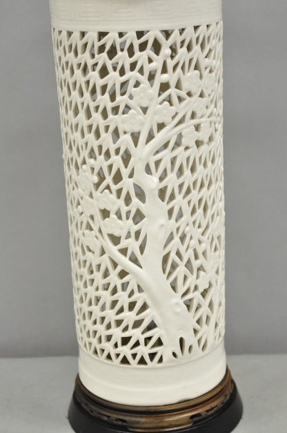 Vintage Chinoiserie White Porcelain Fretwork Cherry Blossom Tree Table Lamp