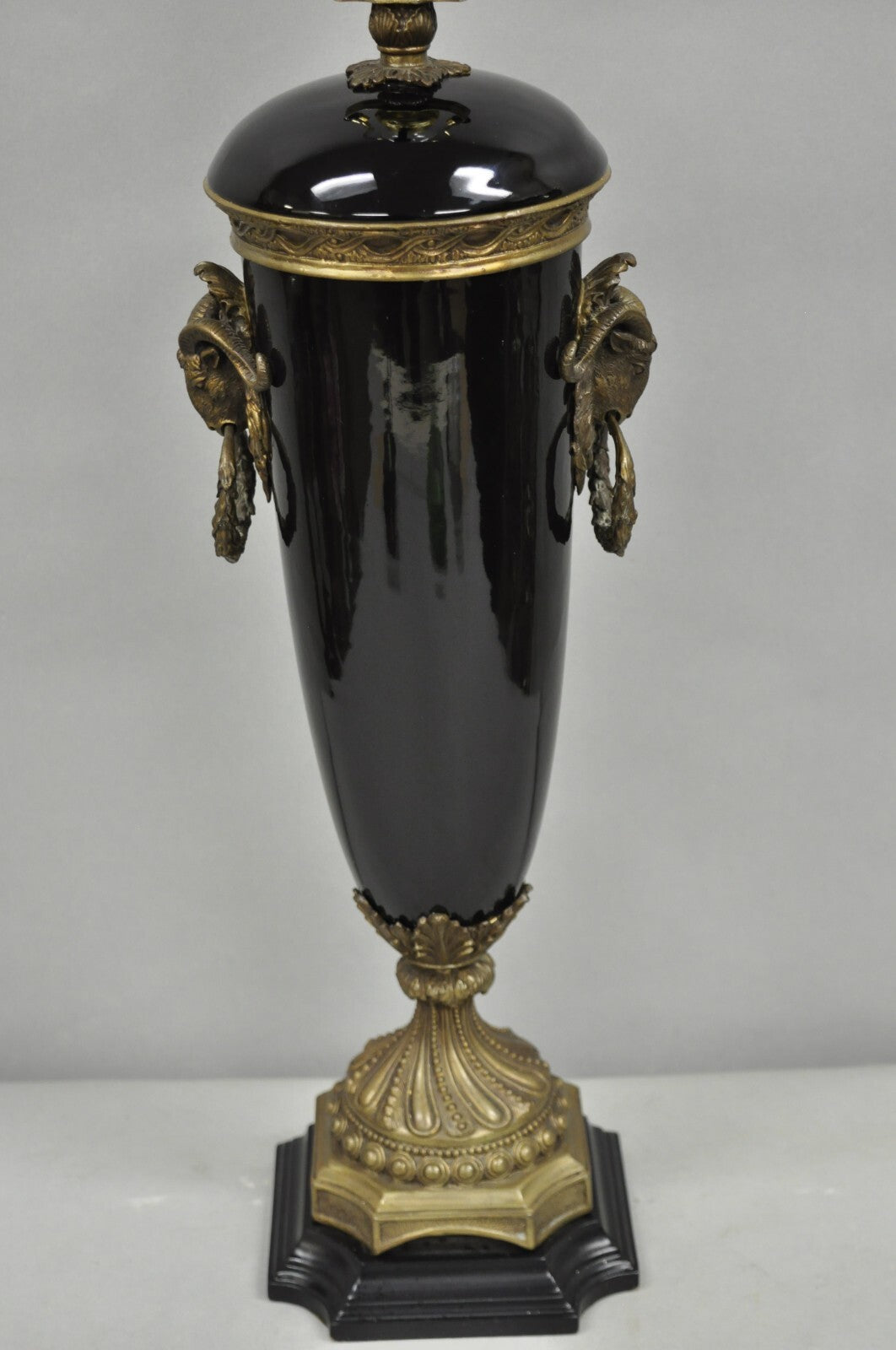 Vintage French Neoclassical Black Porcelain Urn Form Table Lamp w/Bronze Rams
