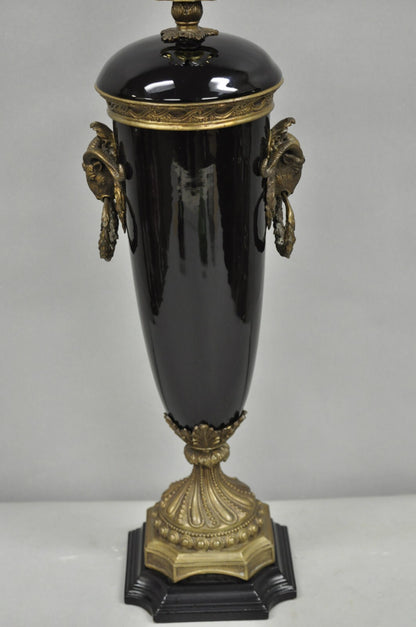 Vintage French Neoclassical Black Porcelain Urn Form Table Lamp w/Bronze Rams
