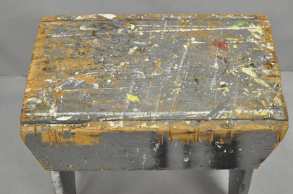 Antique French Country Primitive Gray Painted Paint Splattered Work Bench Stool