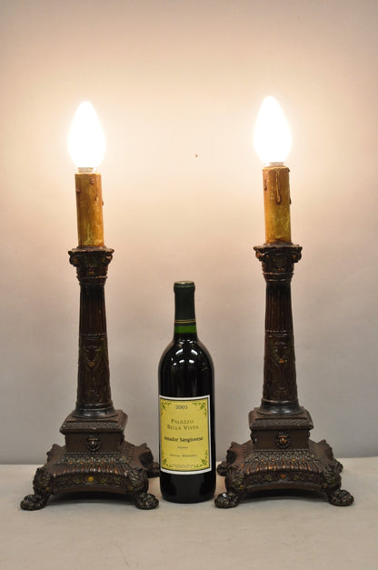 Antique French Empire Brown Painted Column Small Metal Table Lamps - a Pair