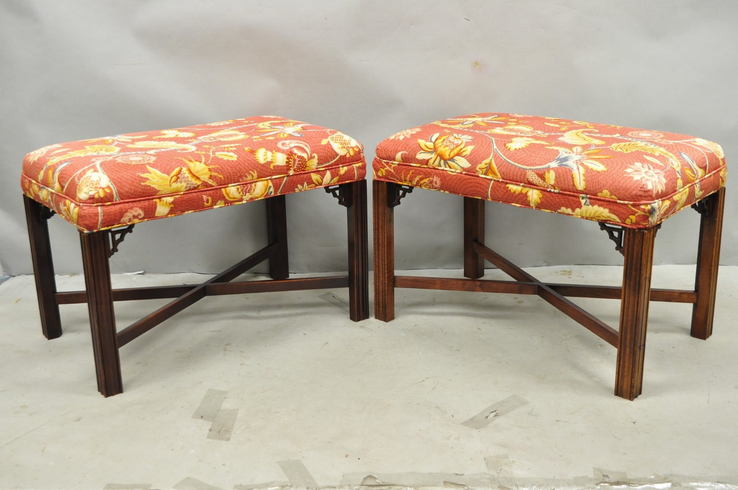 Vintage Chinese Chippendale Style Carved Mahogany Fretwork Bench Stool - Pair