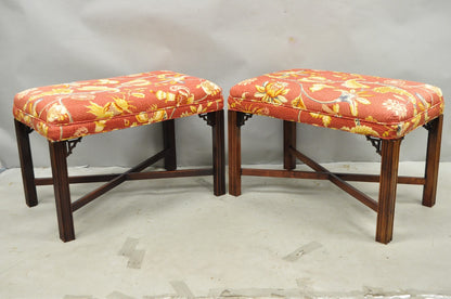 Vintage Chinese Chippendale Style Carved Mahogany Fretwork Bench Stool - Pair