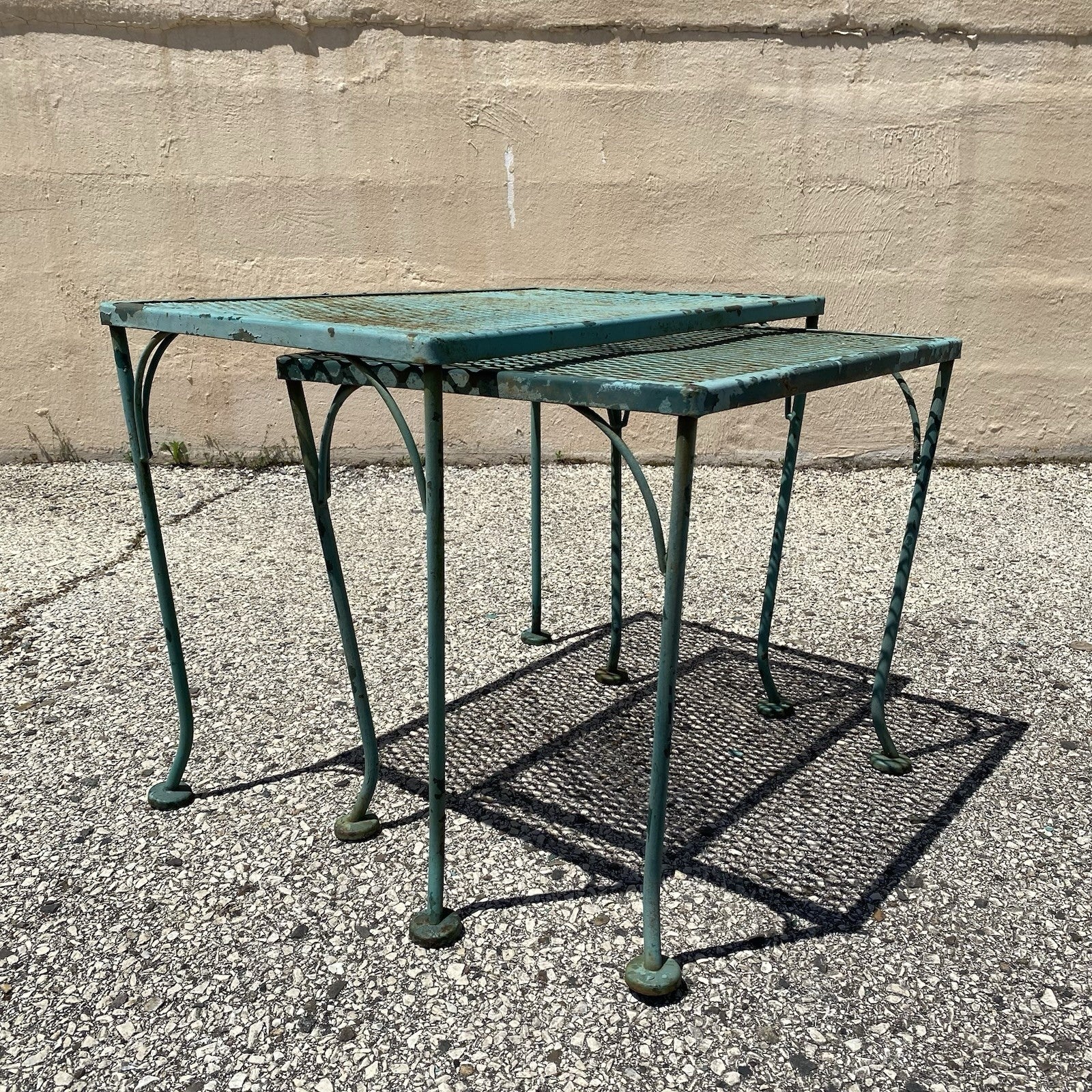 Vintage Woodard Wrought Iron Green Garden Patio Nesting Side Tables - 2 Pcs