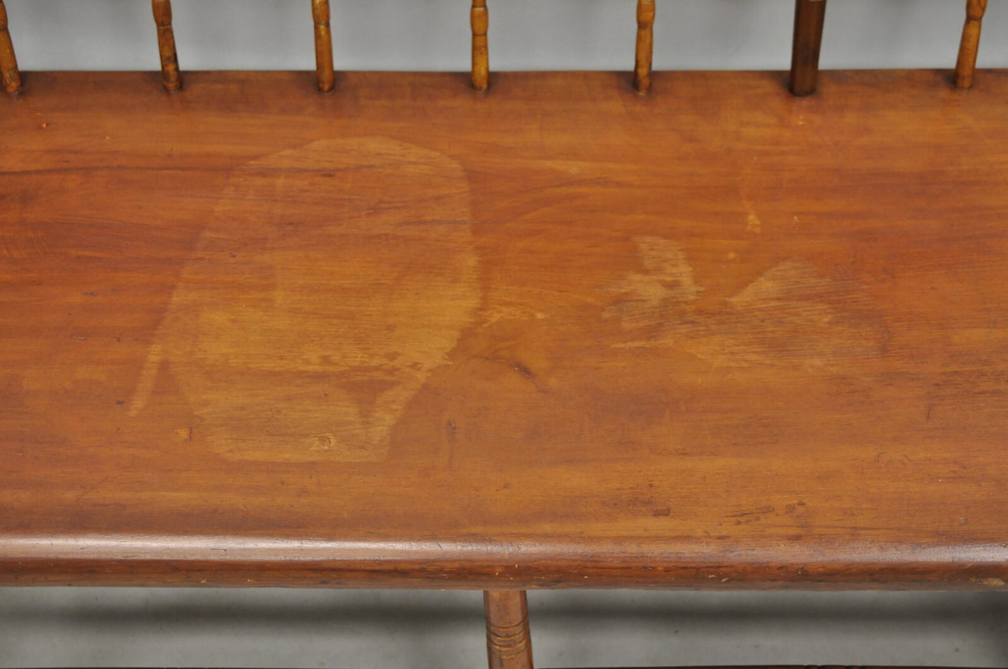 Antique American Colonial Farmhouse Spindle Back Pine Wood 8 Leg 72" Long Bench
