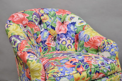 Vintage English Regency Floral Chintz Tufted Rolled Arm Club Lounge Chair - Pair