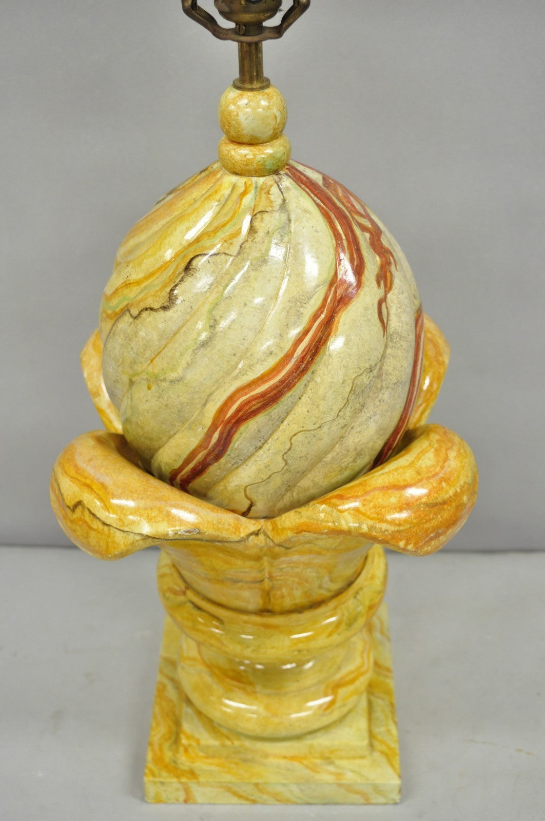 Vintage Hollywood Regency Faux Marble Orange Lacquered Wood Artichoke Table Lamp