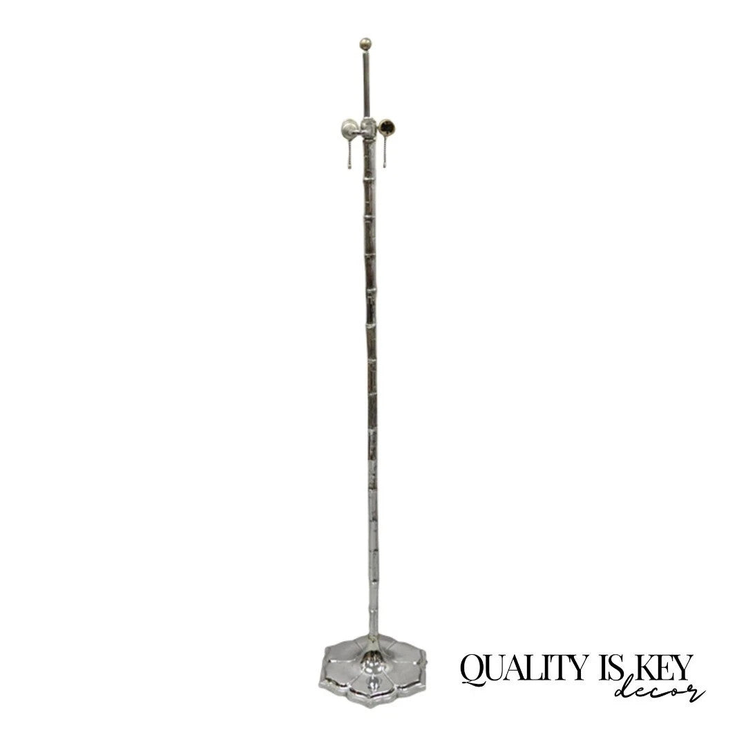 Vintage Hollywood Regency Faux Bois Bamboo Chrome Lotus Base Pole Floor Lamp