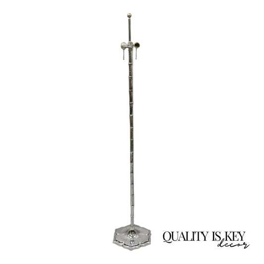 Vintage Hollywood Regency Faux Bois Bamboo Chrome Lotus Base Pole Floor Lamp