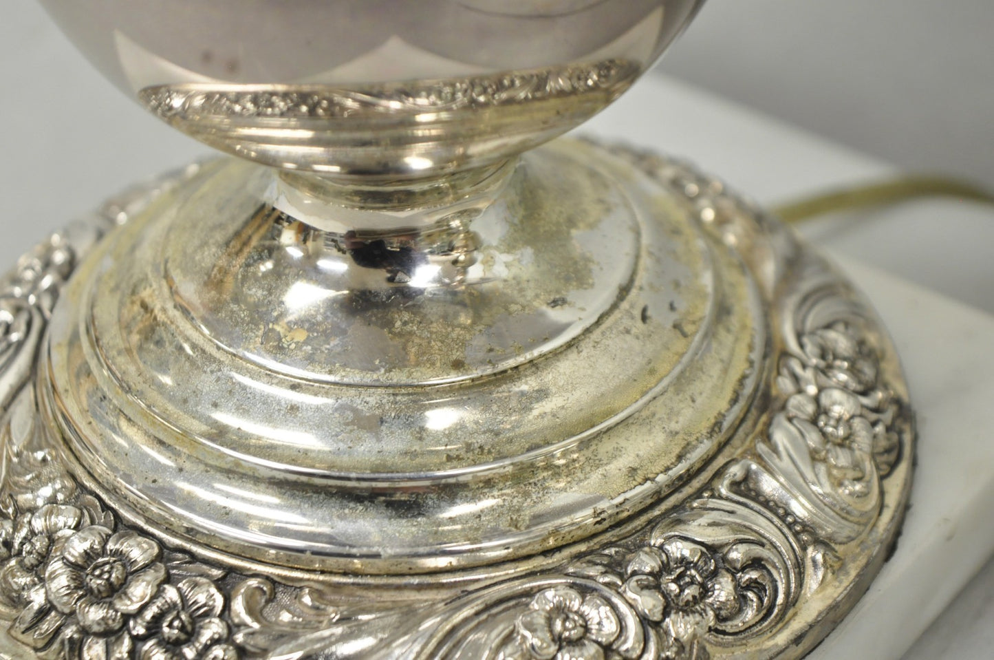 International Victorian Silver Plate Floral Repousse Candlestick Table Lamp Pair