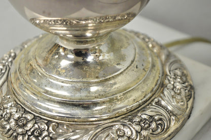 International Victorian Silver Plate Floral Repousse Candlestick Table Lamp Pair