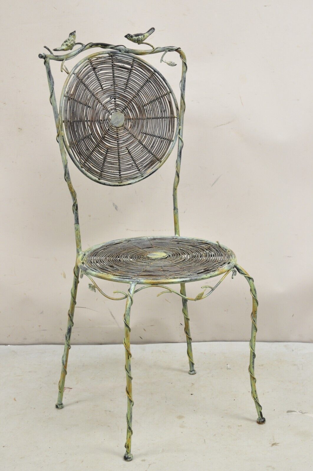 French Country Style Iron and Wood Reed Green Bistro Side Chair with Birds