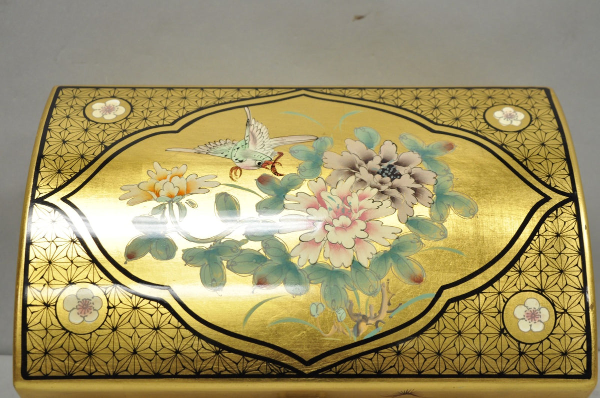 Vintage Chinese Oriental Gold Leaf Dome Lid Jewelry Box w/ Soapstone Figures