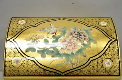 Vintage Chinese Oriental Gold Leaf Dome Lid Jewelry Box w/ Soapstone Figures