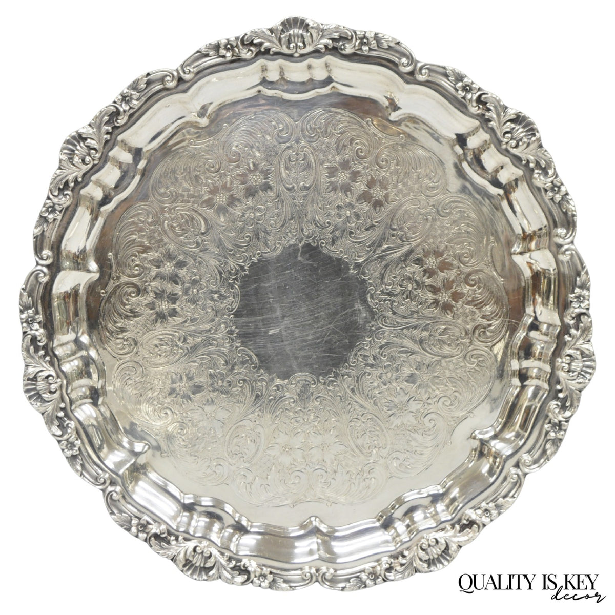 Vintage Poole Silver 3209 Victorian 12" Round Silver Plated Salver Platter Tray