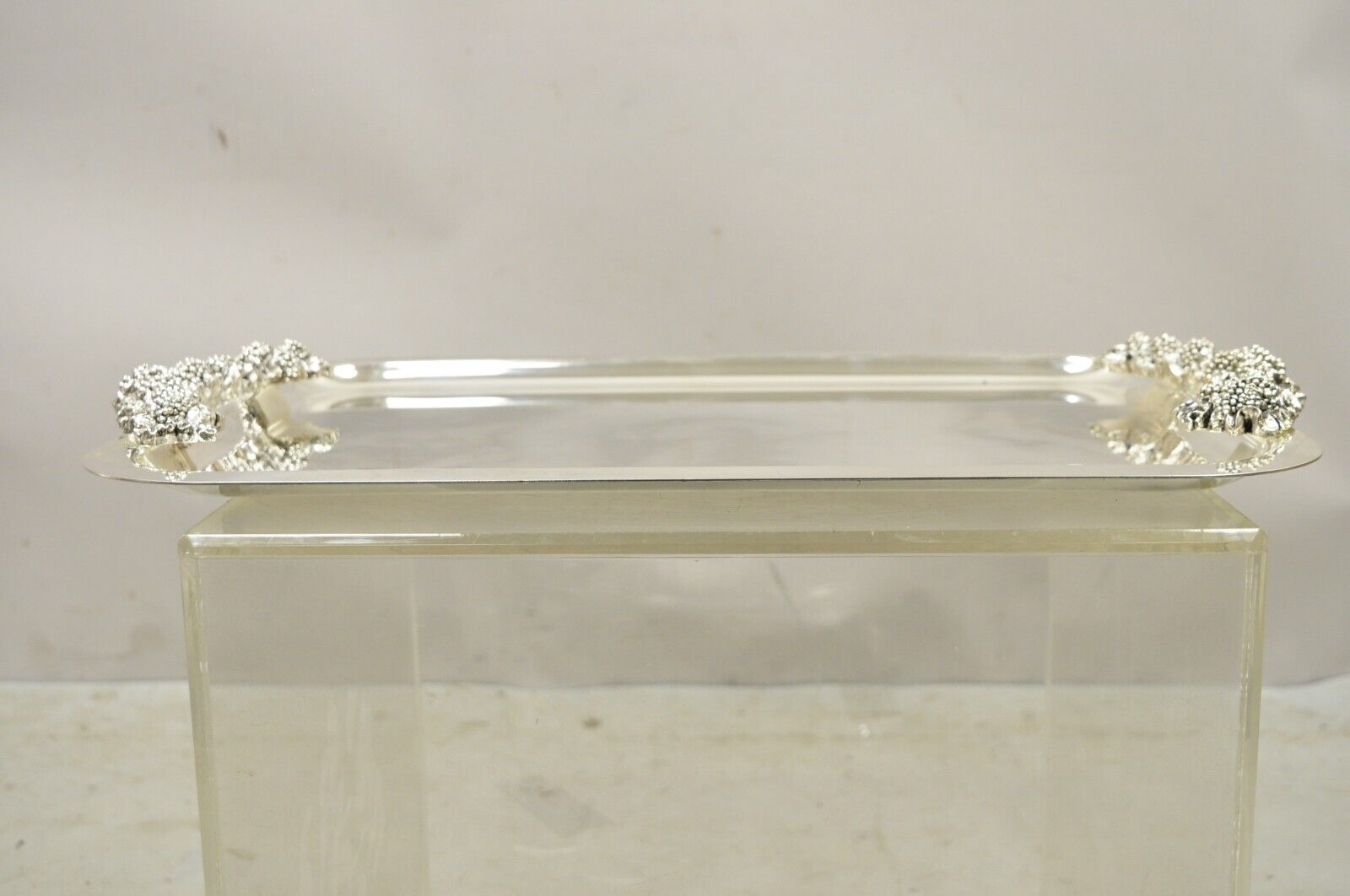 E.P. Steel Rectangle Silver Plated Grape Cluster Handle Serving Platter Tray
