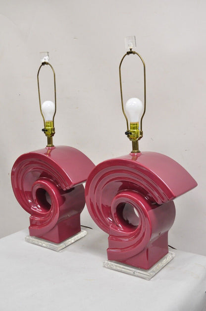 Vintage Postmodern Cranberry Red Sculptural Snail Scroll Ceramic Table Lamp Pair