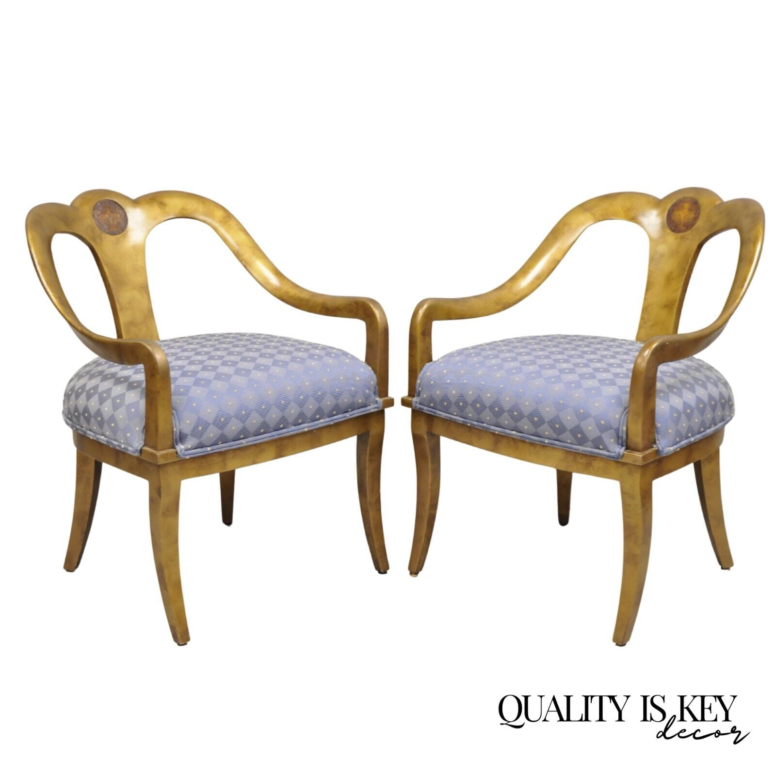 Vintage Italian Hollywood Regency Gold Gilt Wood Saber Leg Lounge Chairs - Pair