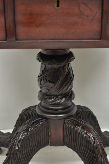 Antique American Empire Carved Paw Foot Pedestal Base Work Stand Side Table