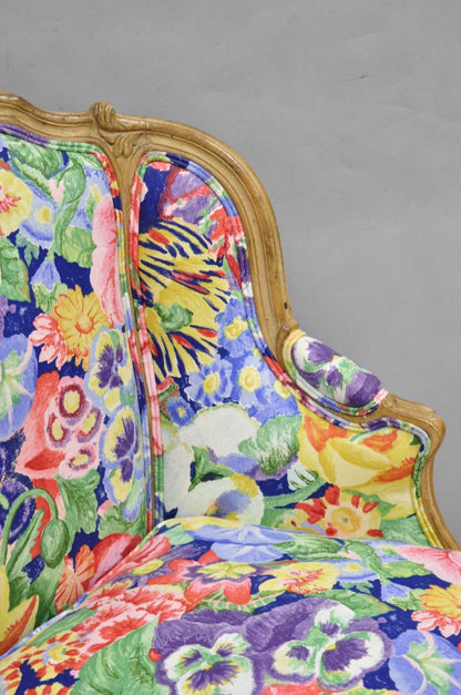 Vintage French Louis XV Country Provincial Floral Chintz Bergere Lounge Chair