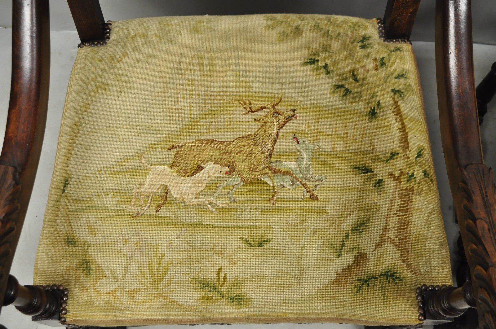 Antique French Louis XIV Style Needlepoint Tapestry Carved Walnut Arm Chair Pair