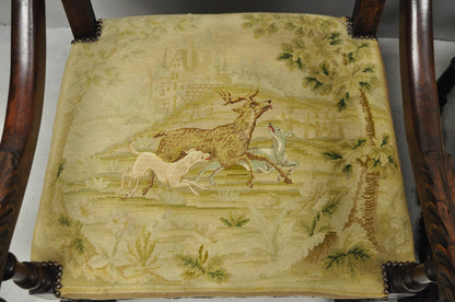 Antique French Louis XIV Style Needlepoint Tapestry Carved Walnut Arm Chair Pair