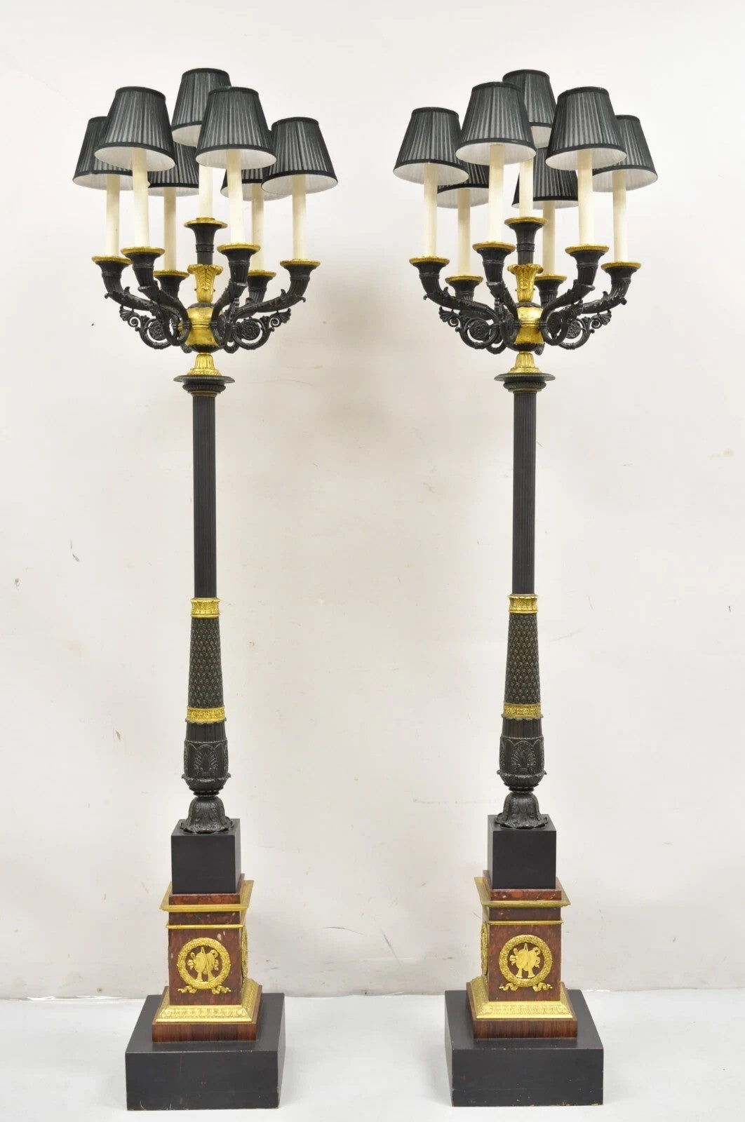 French Empire 68" Tall Bronze & Marble Lighted Candelabra Torchiere Floor Lamps