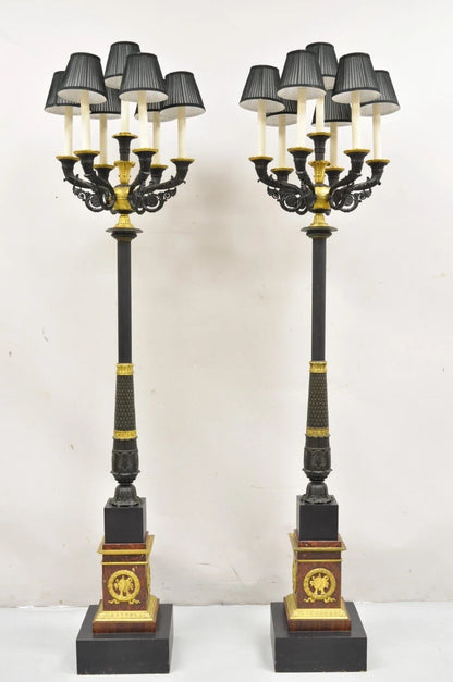 French Empire 68" Tall Bronze & Marble Lighted Candelabra Torchiere Floor Lamps