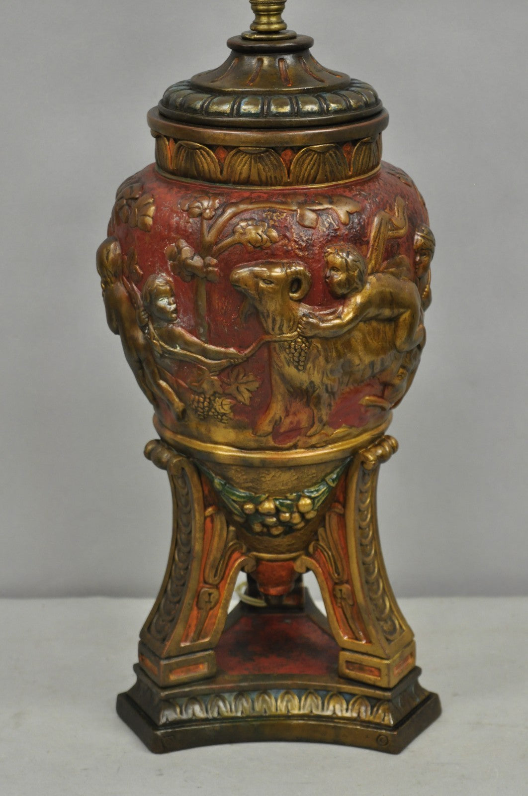 Armor Bronze Co Italian Classical Figural Cherub & Ram Polychrome Urn Table Lamp