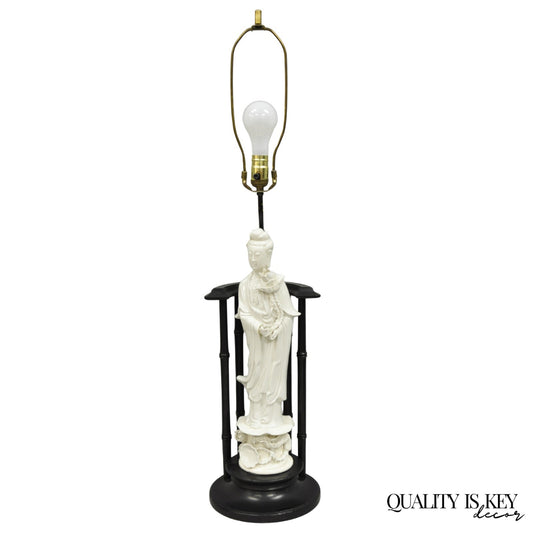 Vintage Chinoiserie Porcelain Guanyin Figure White Blanc de Chine Table Lamp