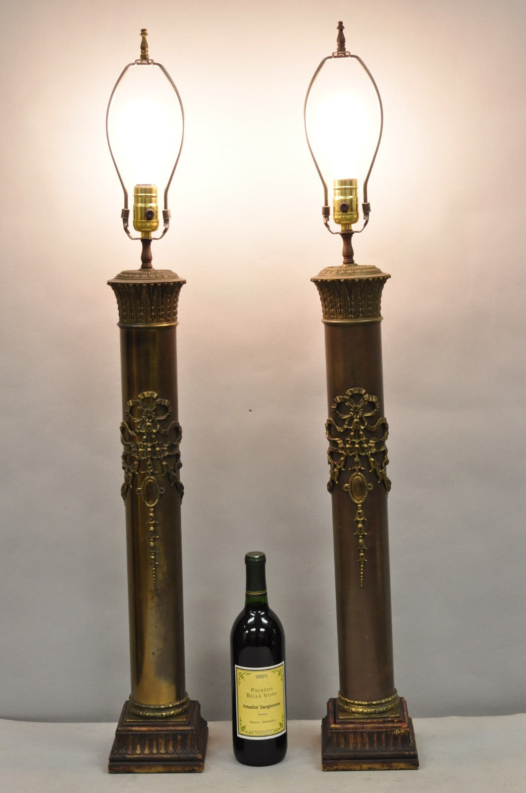 Antique French Empire Neoclassical Bronze Cylinder Tall Table Lamps - a Pair