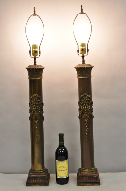 Antique French Empire Neoclassical Bronze Cylinder Tall Table Lamps - a Pair