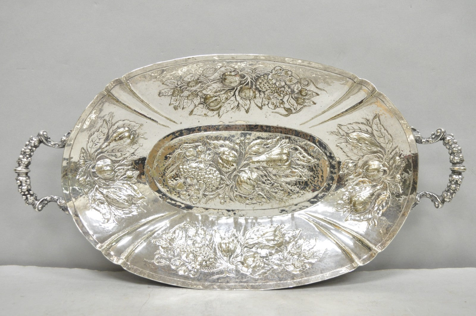 Antique Victorian Silver Plated Fruit Harvest Repousse Centerpiece Fruit Bowl