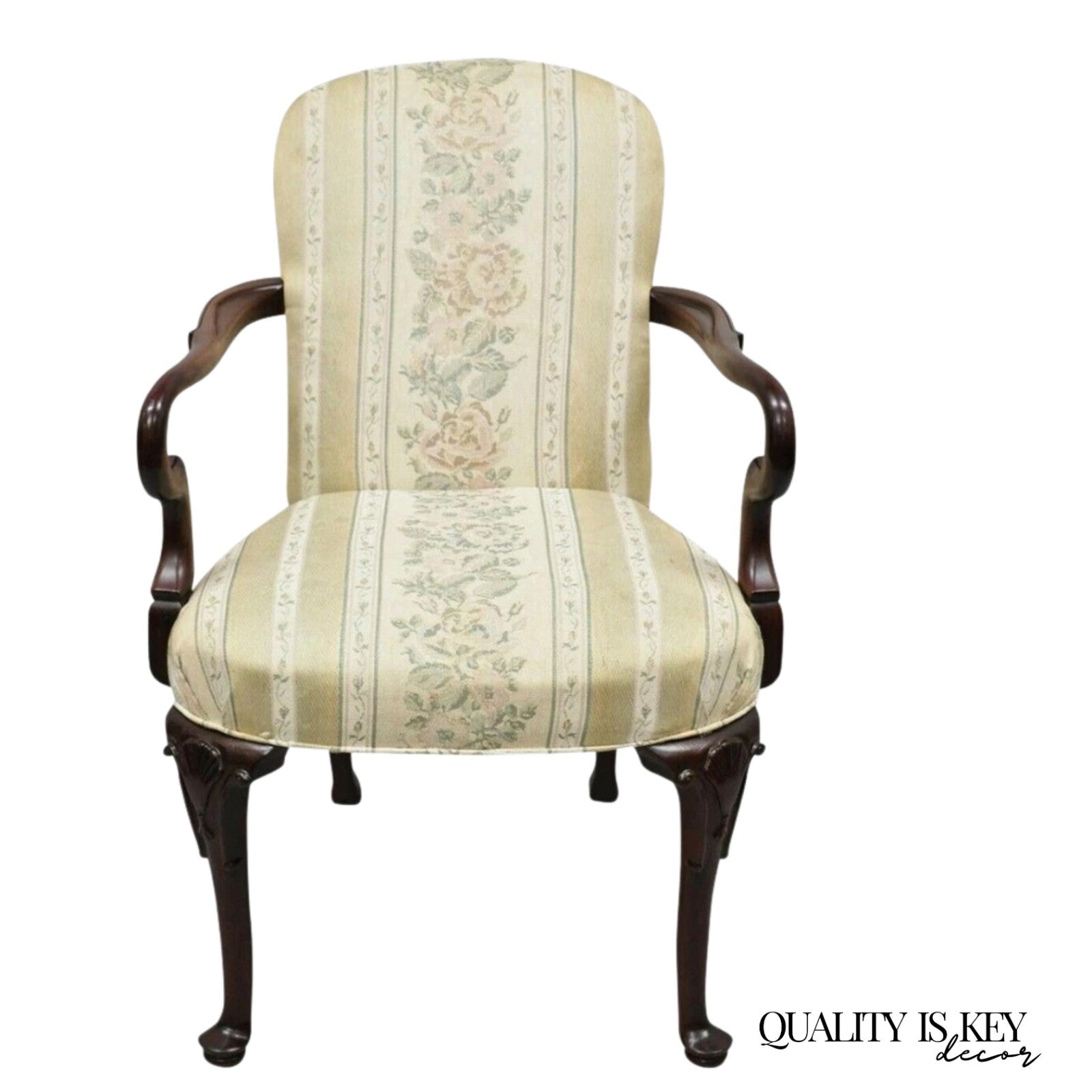 Vintage Pennsylvania House Queen Anne Mahogany Upholstered Gooseneck Arm Chair