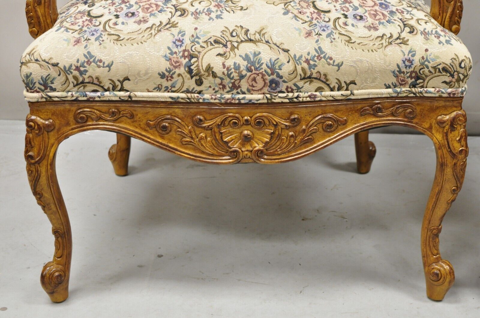 Pair French Country Style Carved Walnut Floral Upholstered High Back Arm Chairs