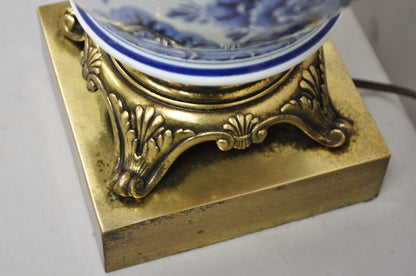 Vintage Chinoiserie Oriental Blue & White Brass & Porcelain Egg Table Lamp