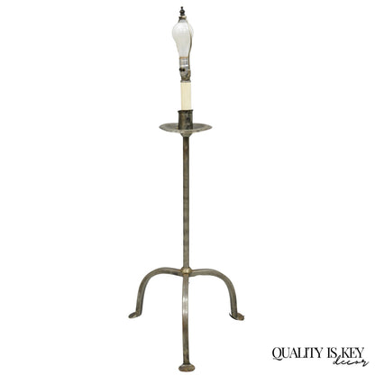 Vintage Spanish Gothic Hand Wrought Iron Candlestick Short Italian Floor Lamp